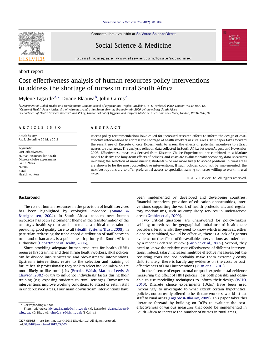 Cost-effectiveness analysis of human resources policy interventions to address the shortage of nurses in rural South Africa