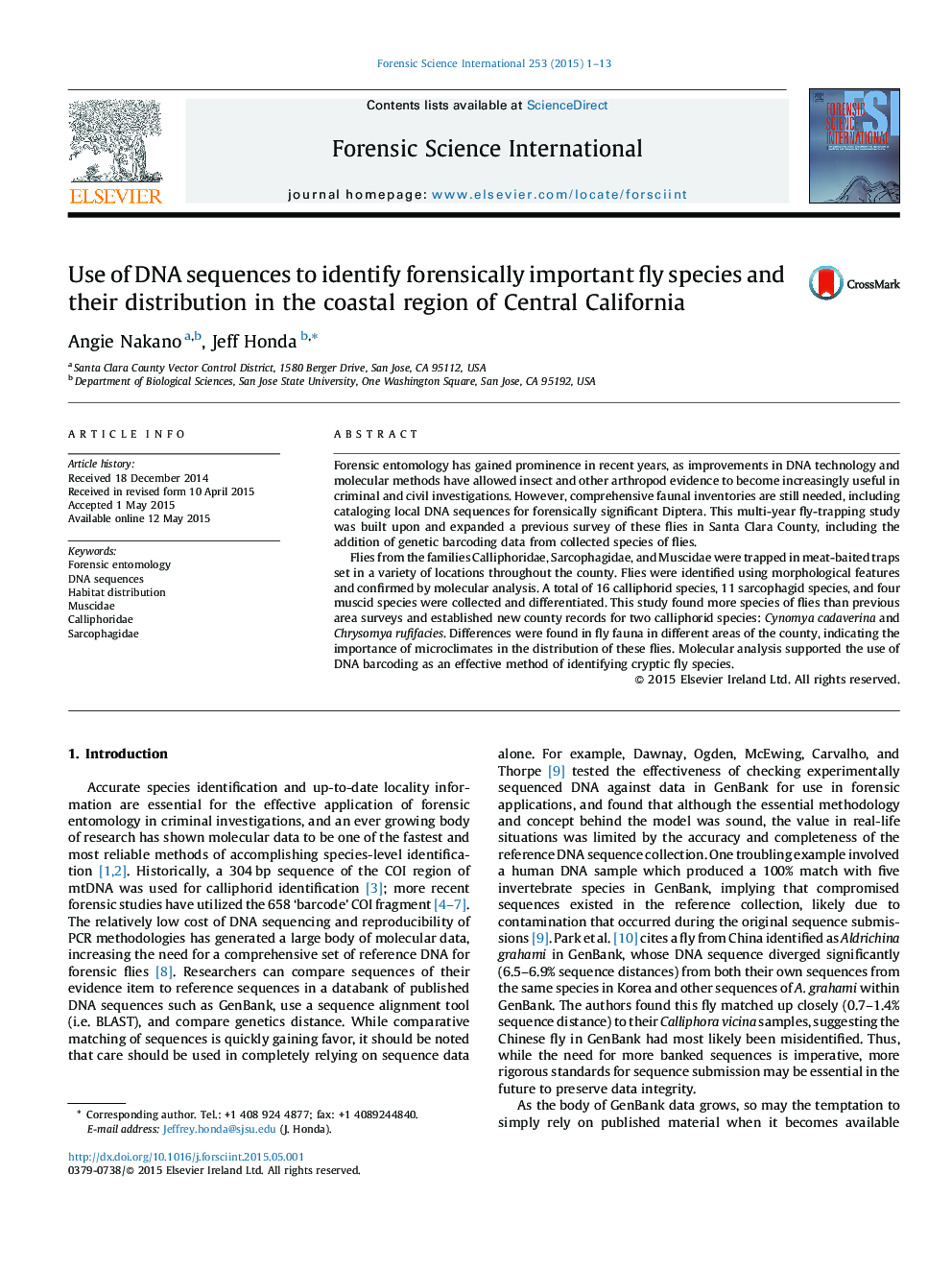 Use of DNA sequences to identify forensically important fly species and their distribution in the coastal region of Central California