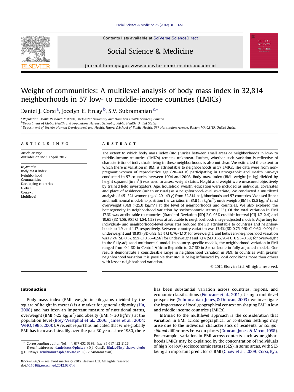 Weight of communities: A multilevel analysis of body mass index in 32,814 neighborhoods in 57 low- to middle-income countries (LMICs)