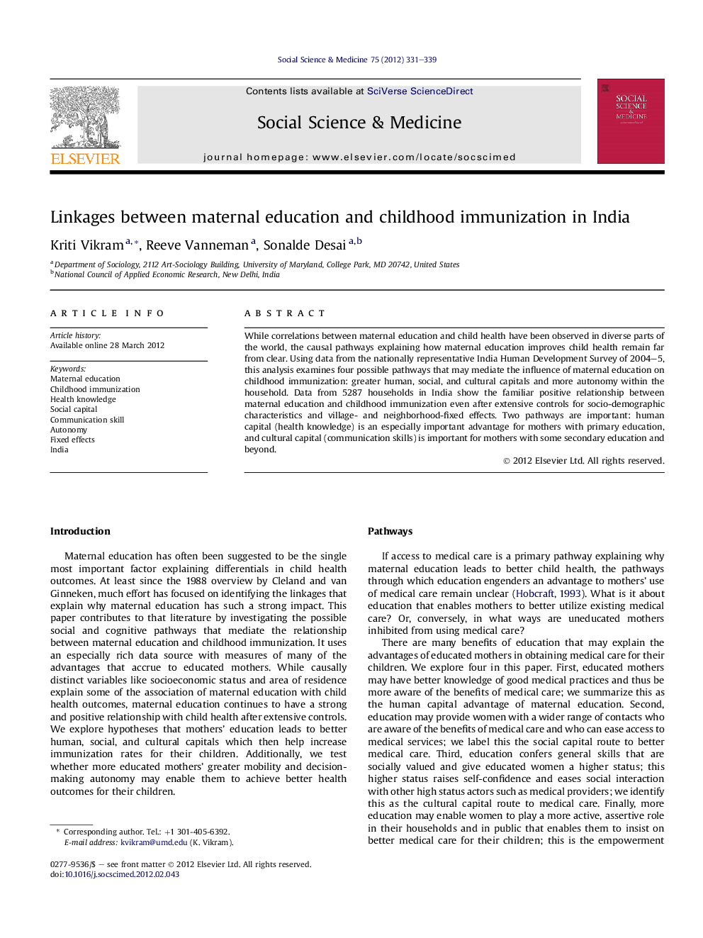 Linkages between maternal education and childhood immunization in India