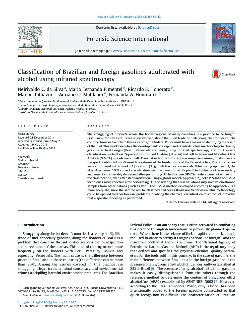 Classification of Brazilian and foreign gasolines adulterated with alcohol using infrared spectroscopy