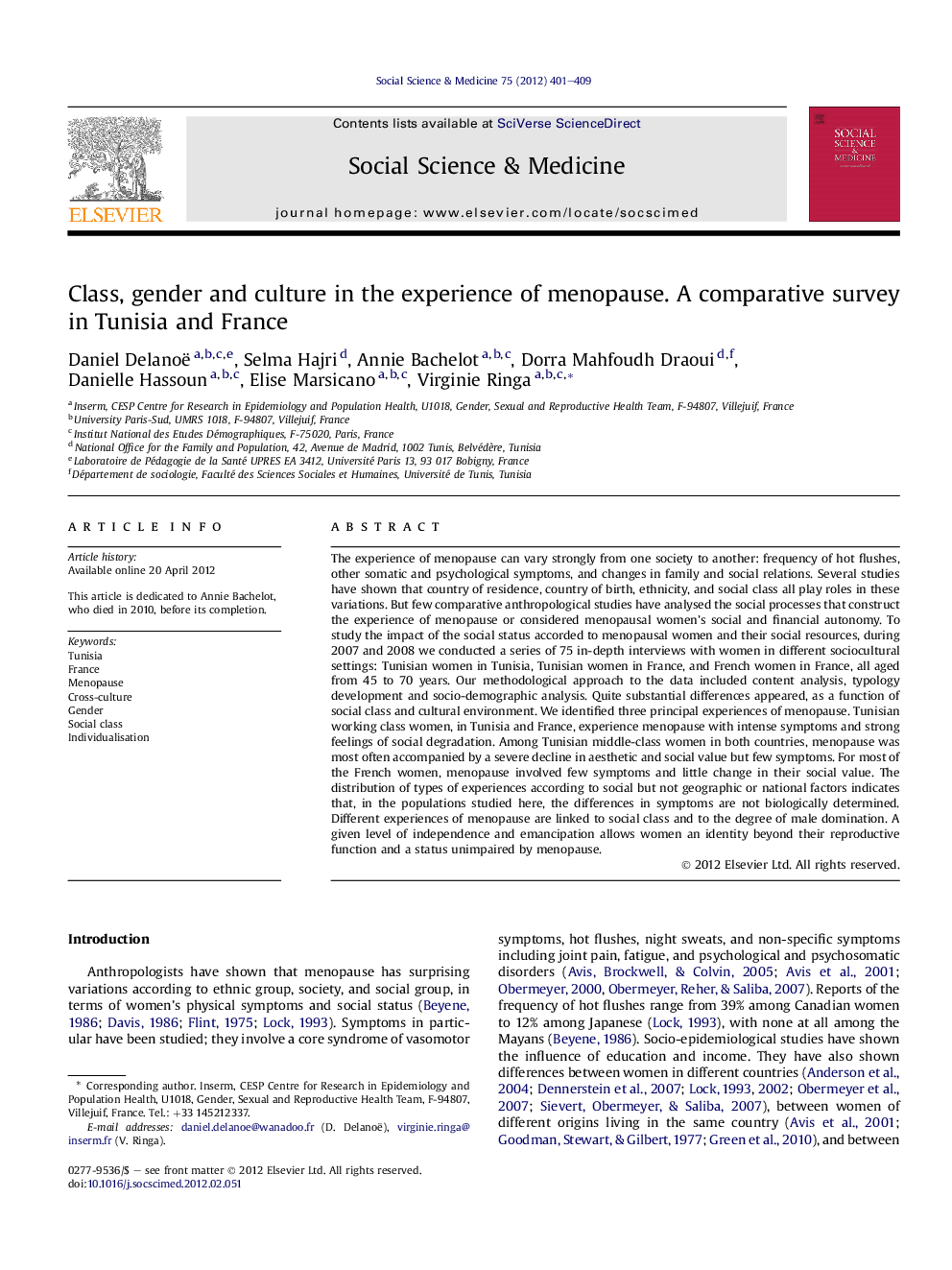 Class, gender and culture in the experience of menopause. A comparative survey in Tunisia and France