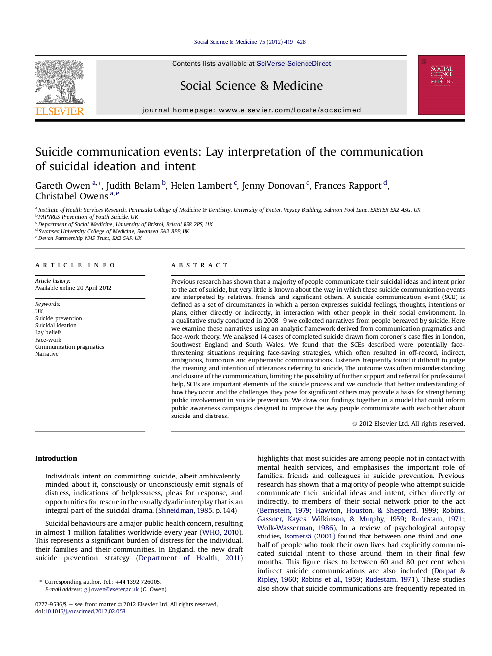 Suicide communication events: Lay interpretation of the communication of suicidal ideation and intent