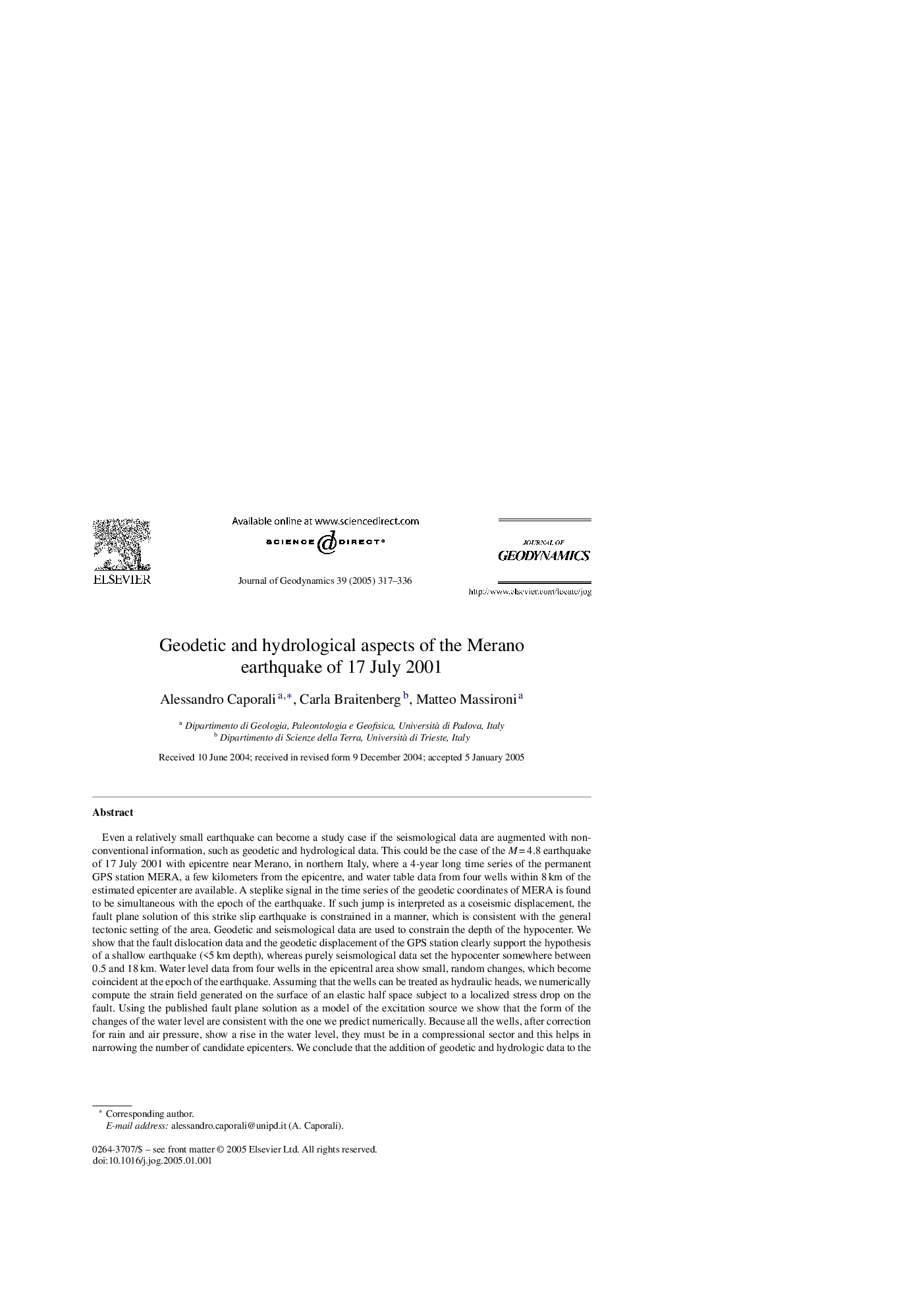 Geodetic and hydrological aspects of the Merano earthquake of 17 July 2001