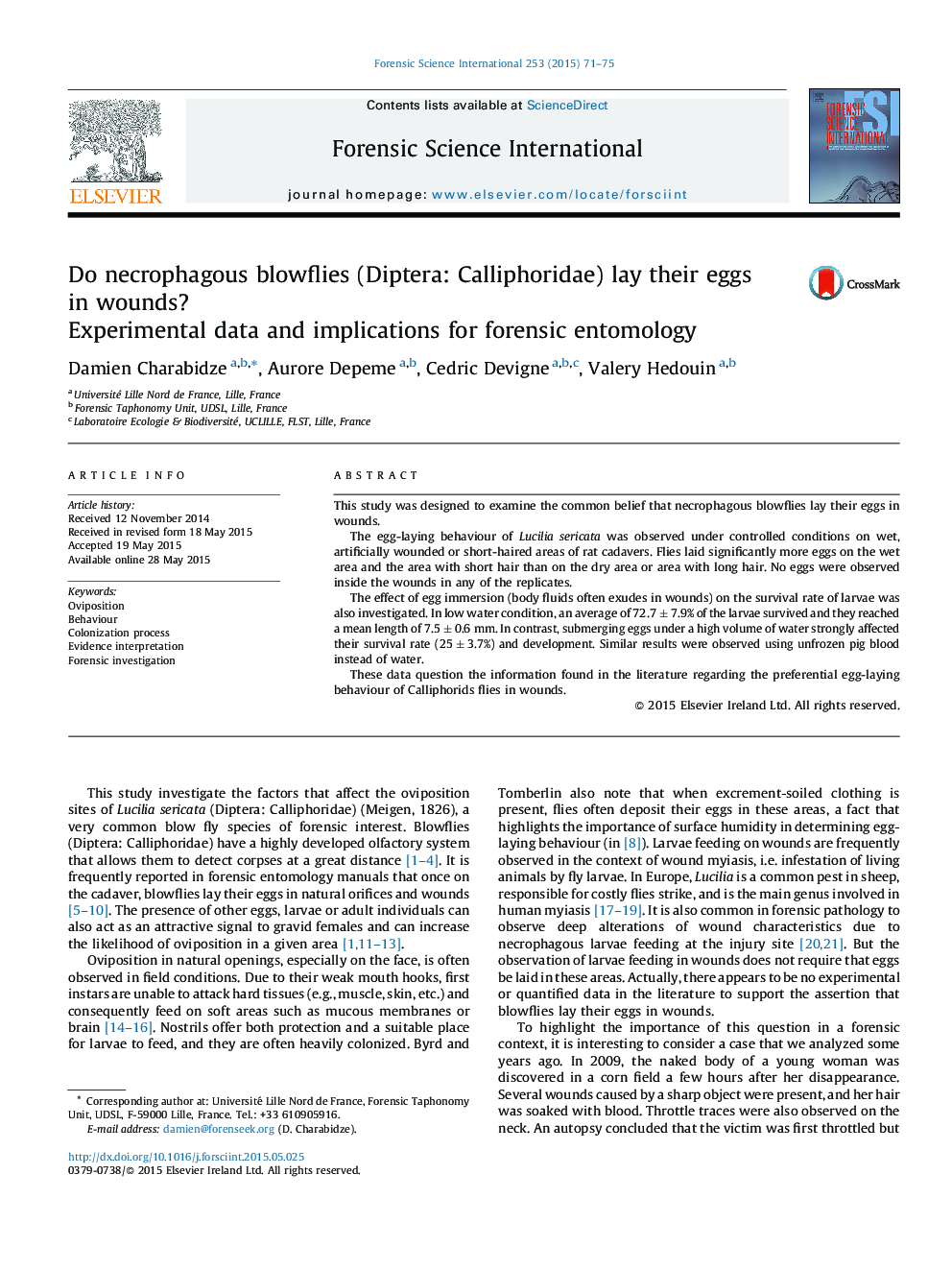 Do necrophagous blowflies (Diptera: Calliphoridae) lay their eggs in wounds?: Experimental data and implications for forensic entomology