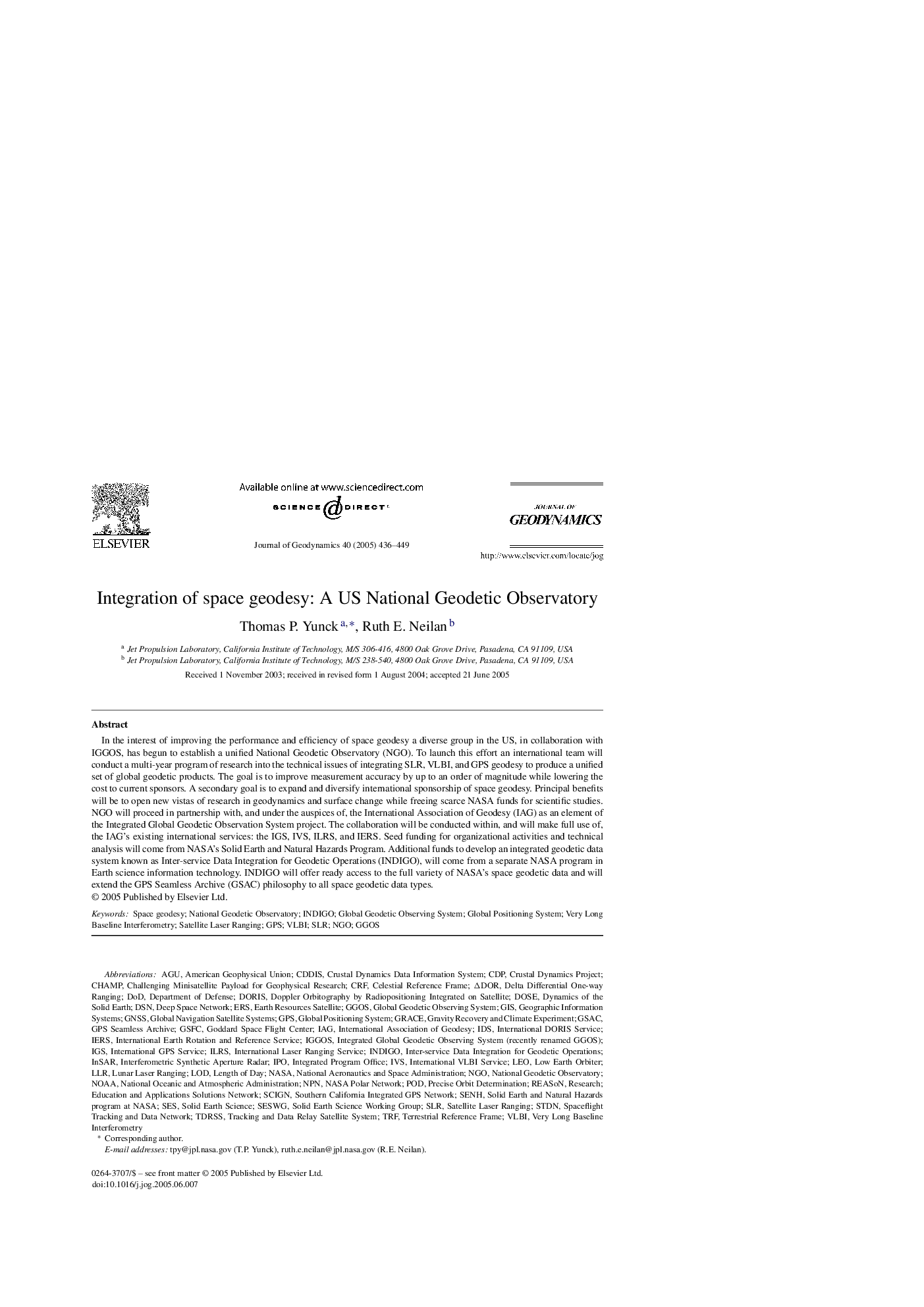 Integration of space geodesy: A US National Geodetic Observatory