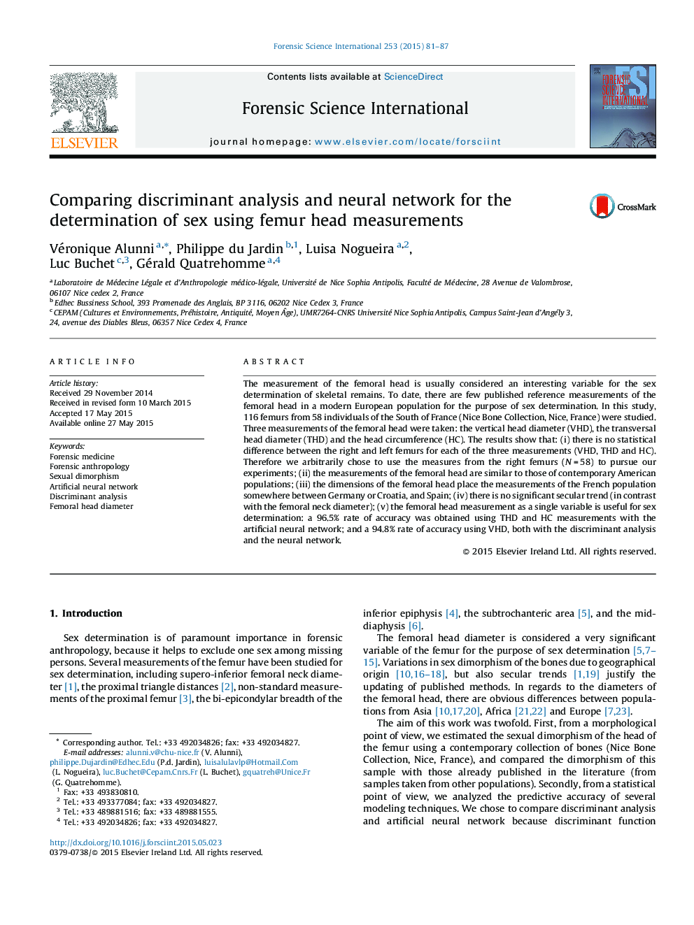 Comparing discriminant analysis and neural network for the determination of sex using femur head measurements