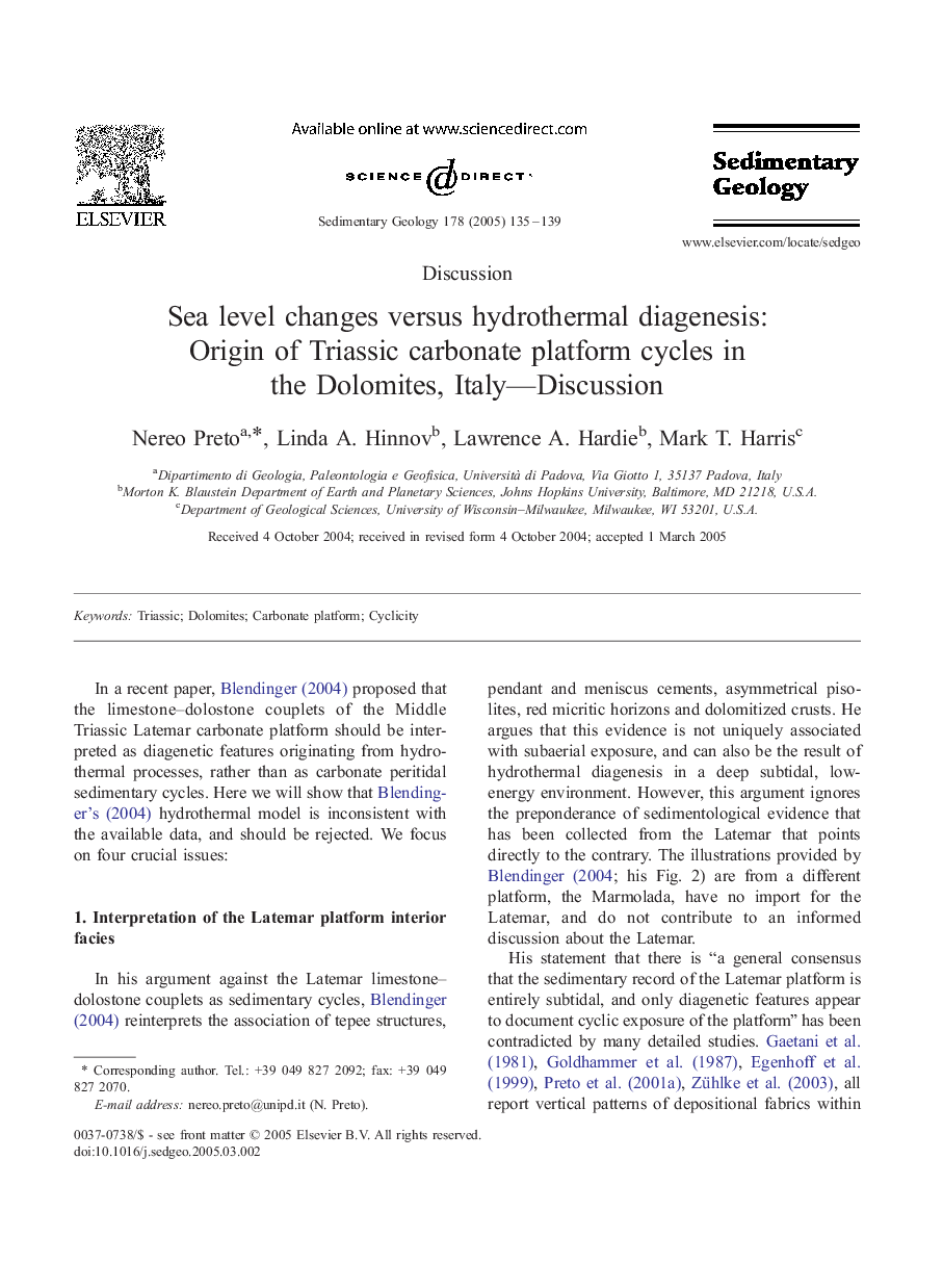 Sea level changes versus hydrothermal diagenesis: Origin of Triassic carbonate platform cycles in the Dolomites, Italy-Discussion