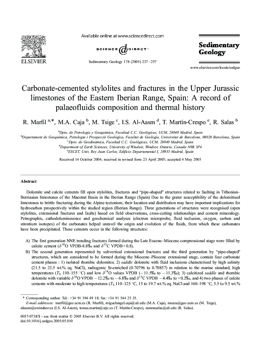 Carbonate-cemented stylolites and fractures in the Upper Jurassic limestones of the Eastern Iberian Range, Spain: A record of palaeofluids composition and thermal history