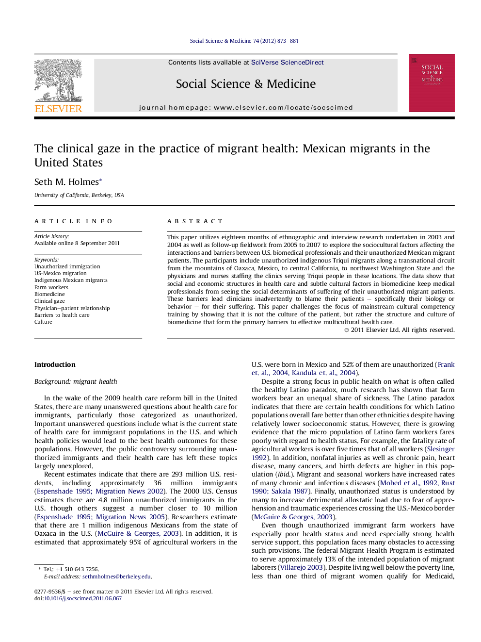 The clinical gaze in the practice of migrant health: Mexican migrants in the United States