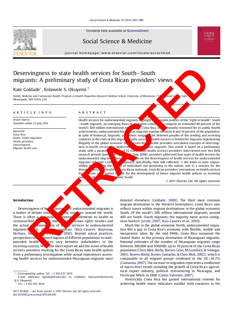 RETRACTED: Deservingness to state health services for South–South migrants: A preliminary study of Costa Rican providers’ views
