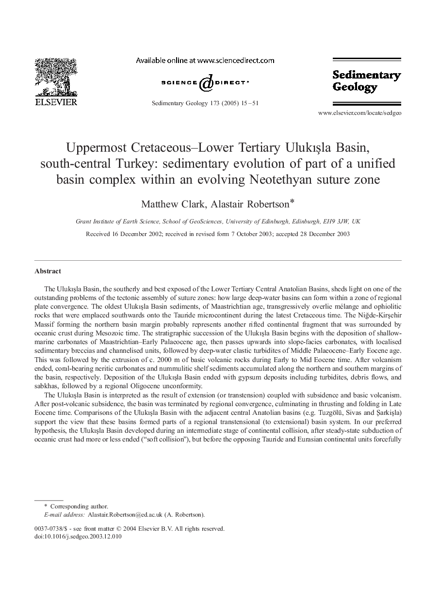 Uppermost Cretaceous-Lower Tertiary UlukÄ±Åla Basin, south-central Turkey: sedimentary evolution of part of a unified basin complex within an evolving Neotethyan suture zone