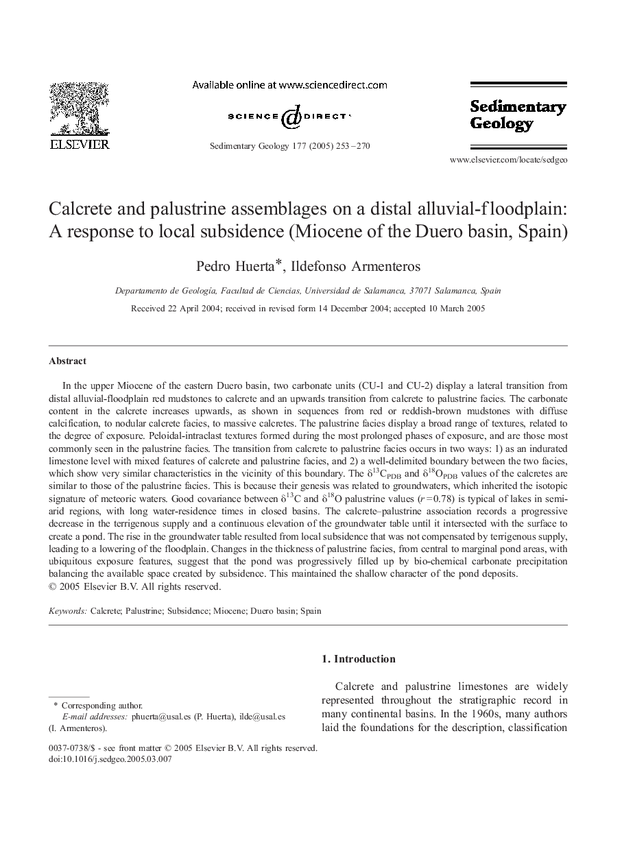 Calcrete and palustrine assemblages on a distal alluvial-floodplain: A response to local subsidence (Miocene of the Duero basin, Spain)