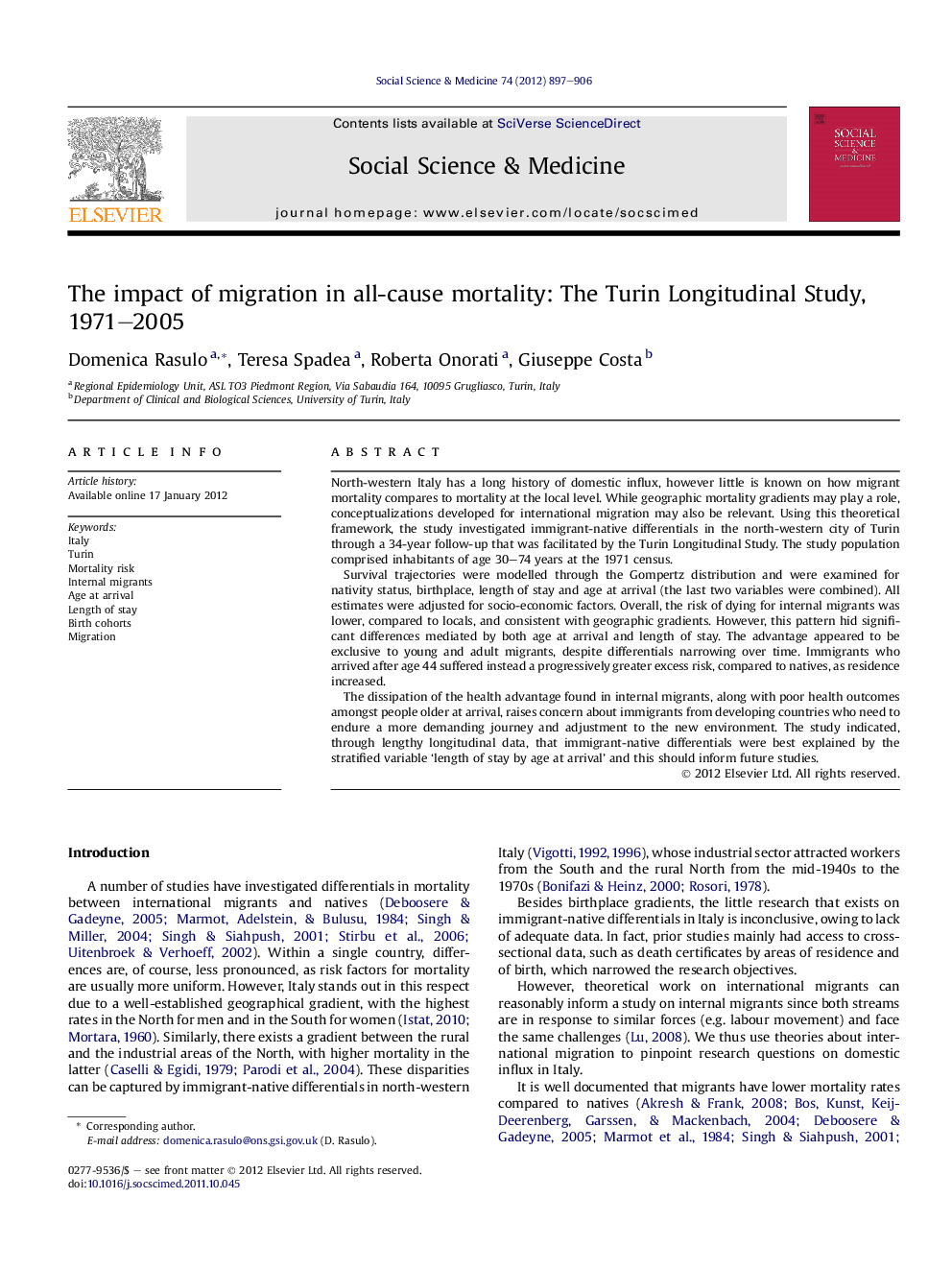 The impact of migration in all-cause mortality: The Turin Longitudinal Study, 1971–2005