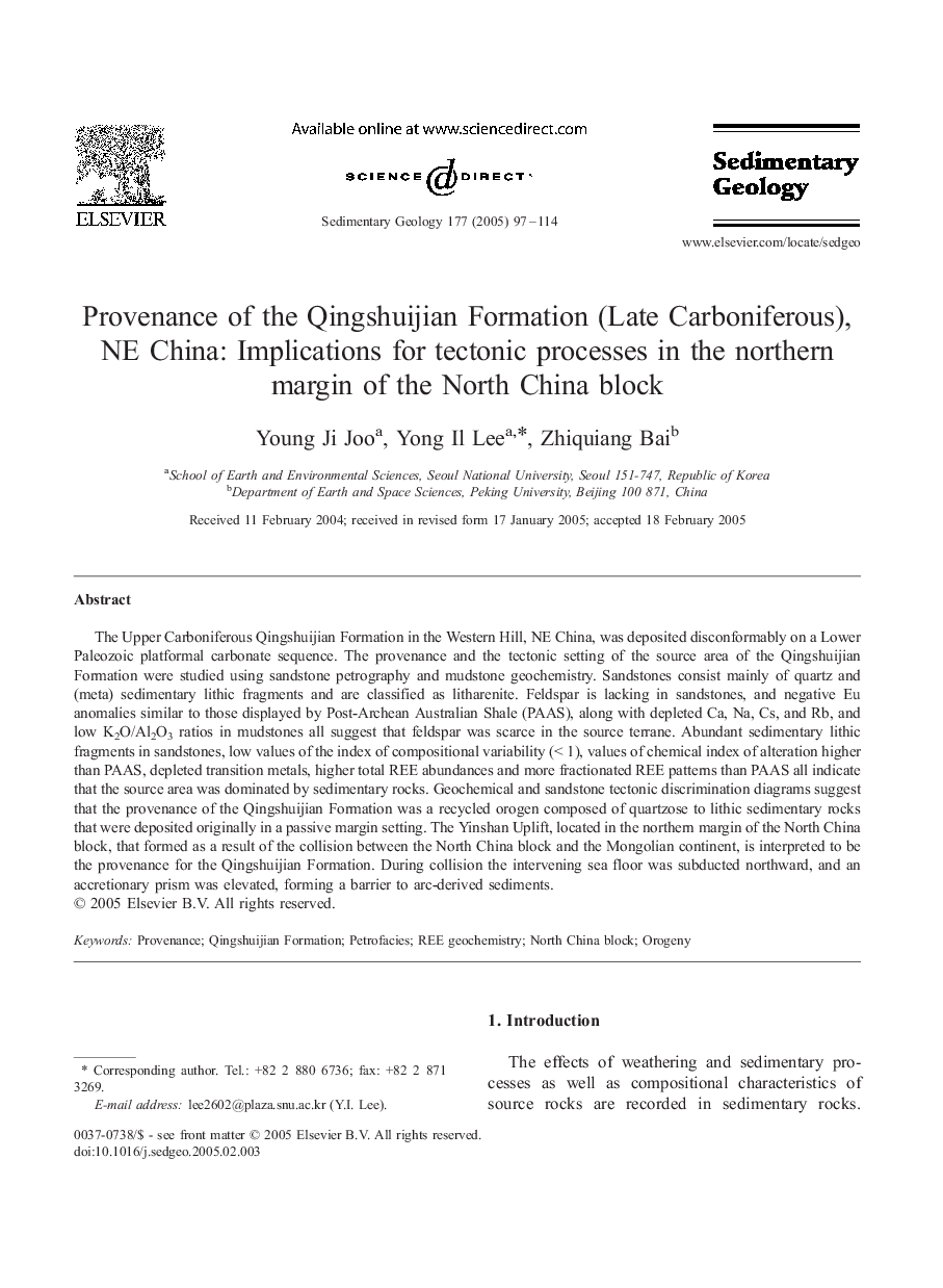 Provenance of the Qingshuijian Formation (Late Carboniferous), NE China: Implications for tectonic processes in the northern margin of the North China block