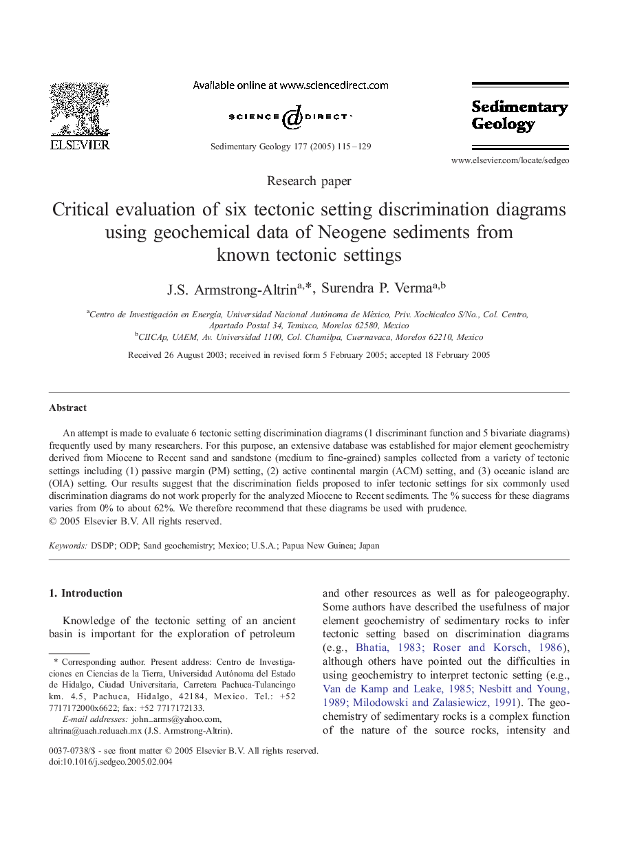 Critical evaluation of six tectonic setting discrimination diagrams using geochemical data of Neogene sediments from known tectonic settings