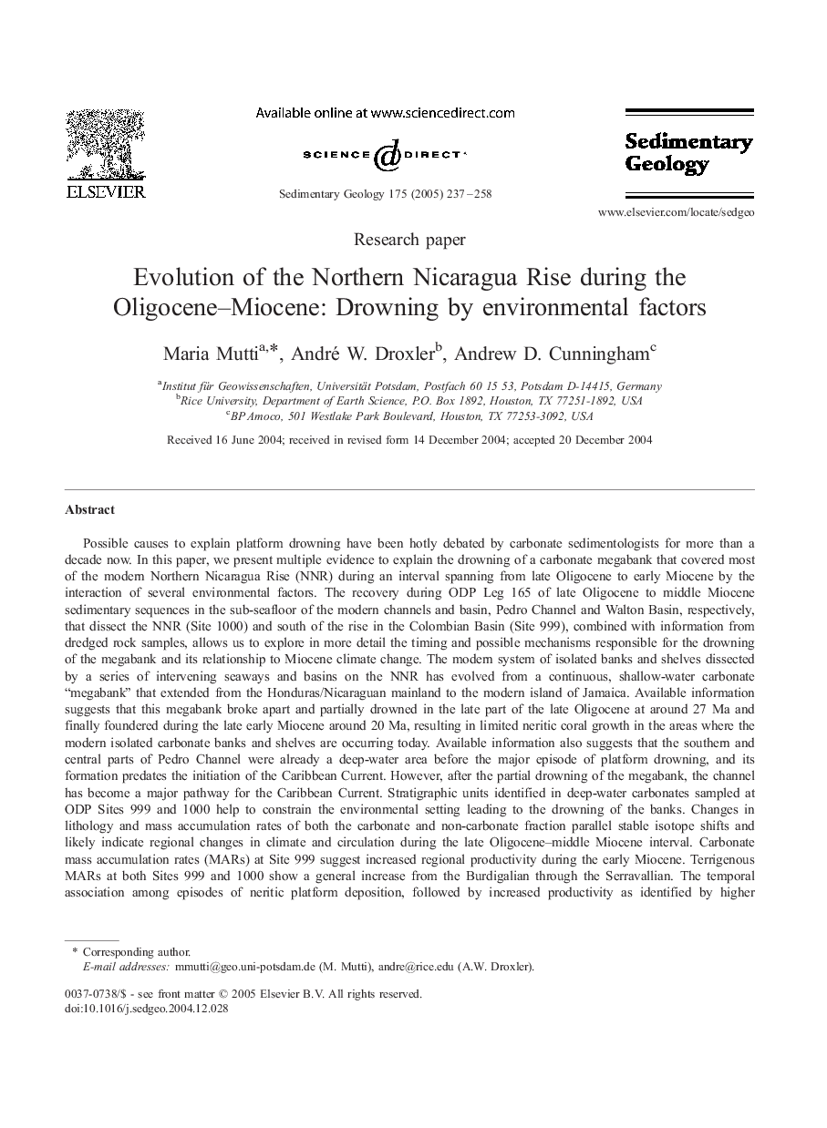 Evolution of the Northern Nicaragua Rise during the Oligocene-Miocene: Drowning by environmental factors