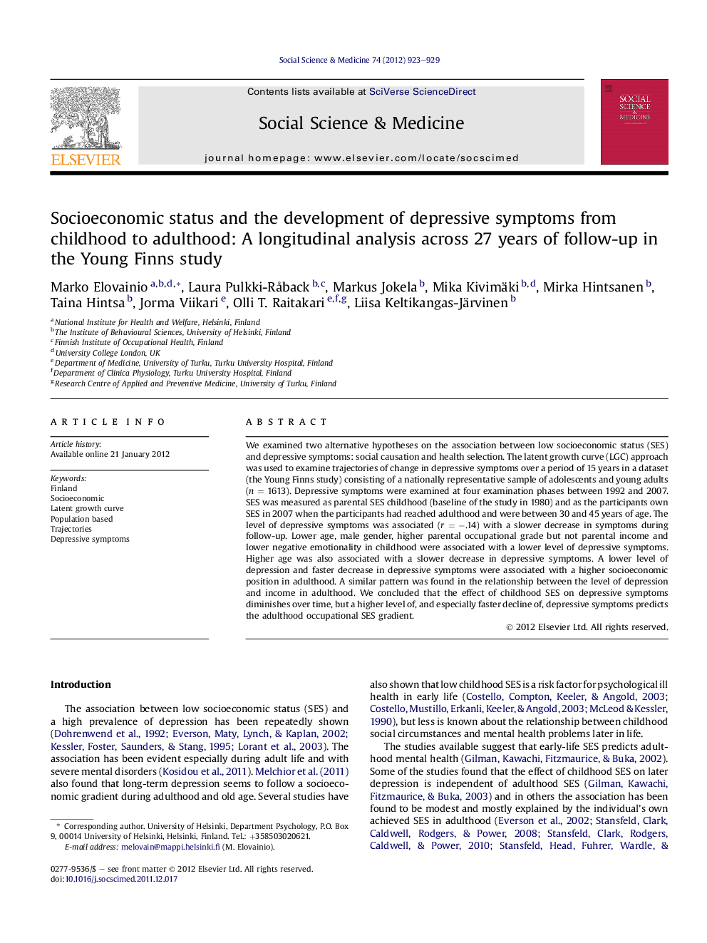 Socioeconomic status and the development of depressive symptoms from childhood to adulthood: A longitudinal analysis across 27 years of follow-up in the Young Finns study