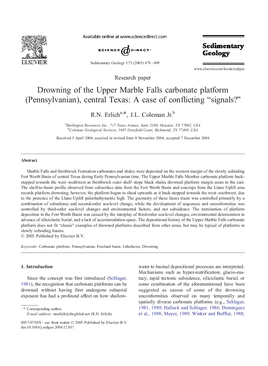 Drowning of the Upper Marble Falls carbonate platform (Pennsylvanian), central Texas: A case of conflicting “signals?”