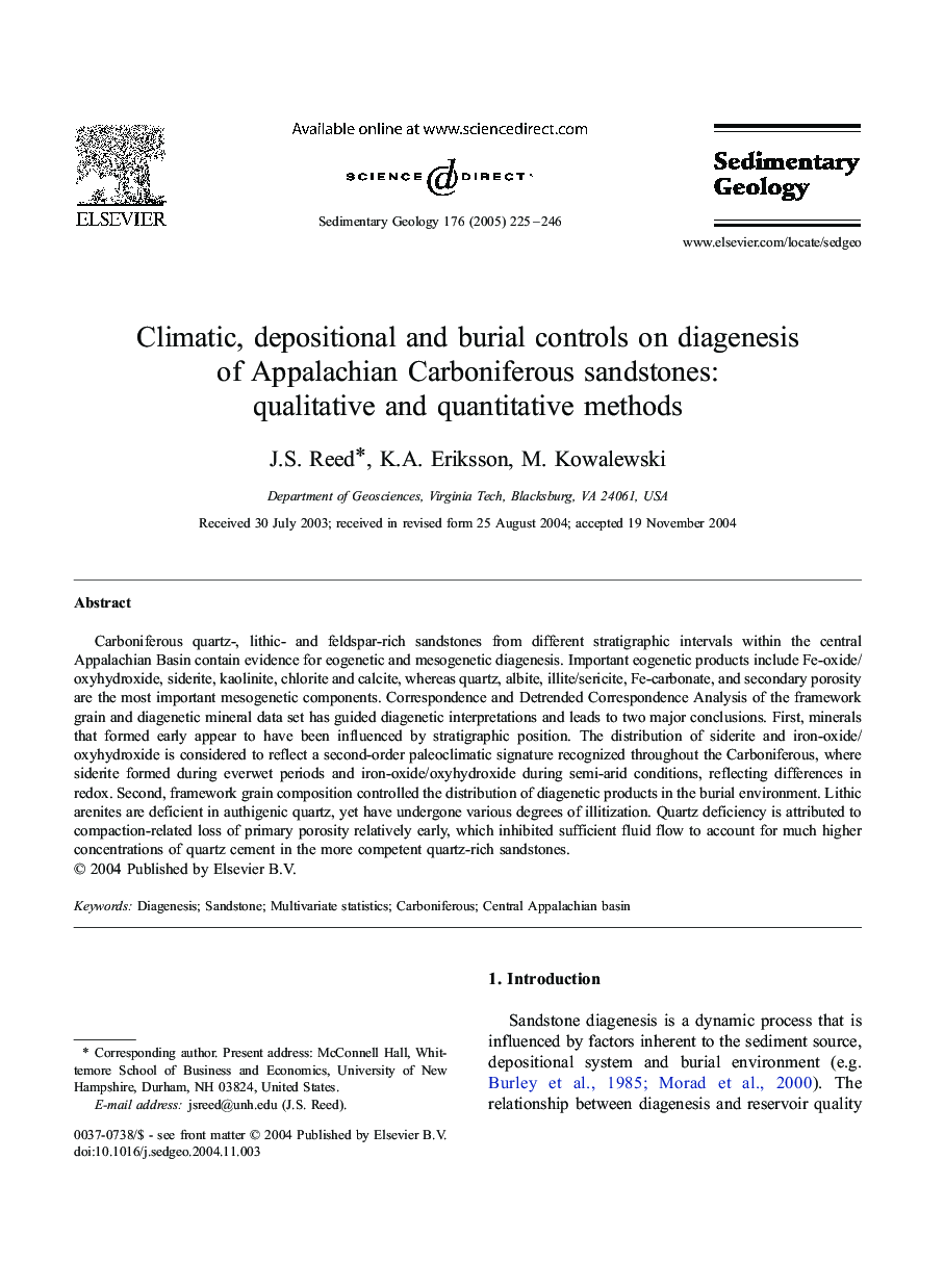 Climatic, depositional and burial controls on diagenesis of Appalachian Carboniferous sandstones: qualitative and quantitative methods