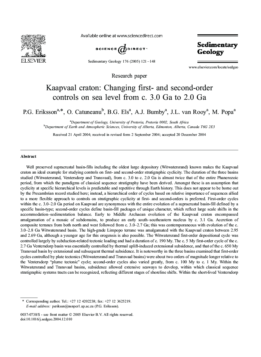 Kaapvaal craton: Changing first- and second-order controls on sea level from c. 3.0 Ga to 2.0 Ga