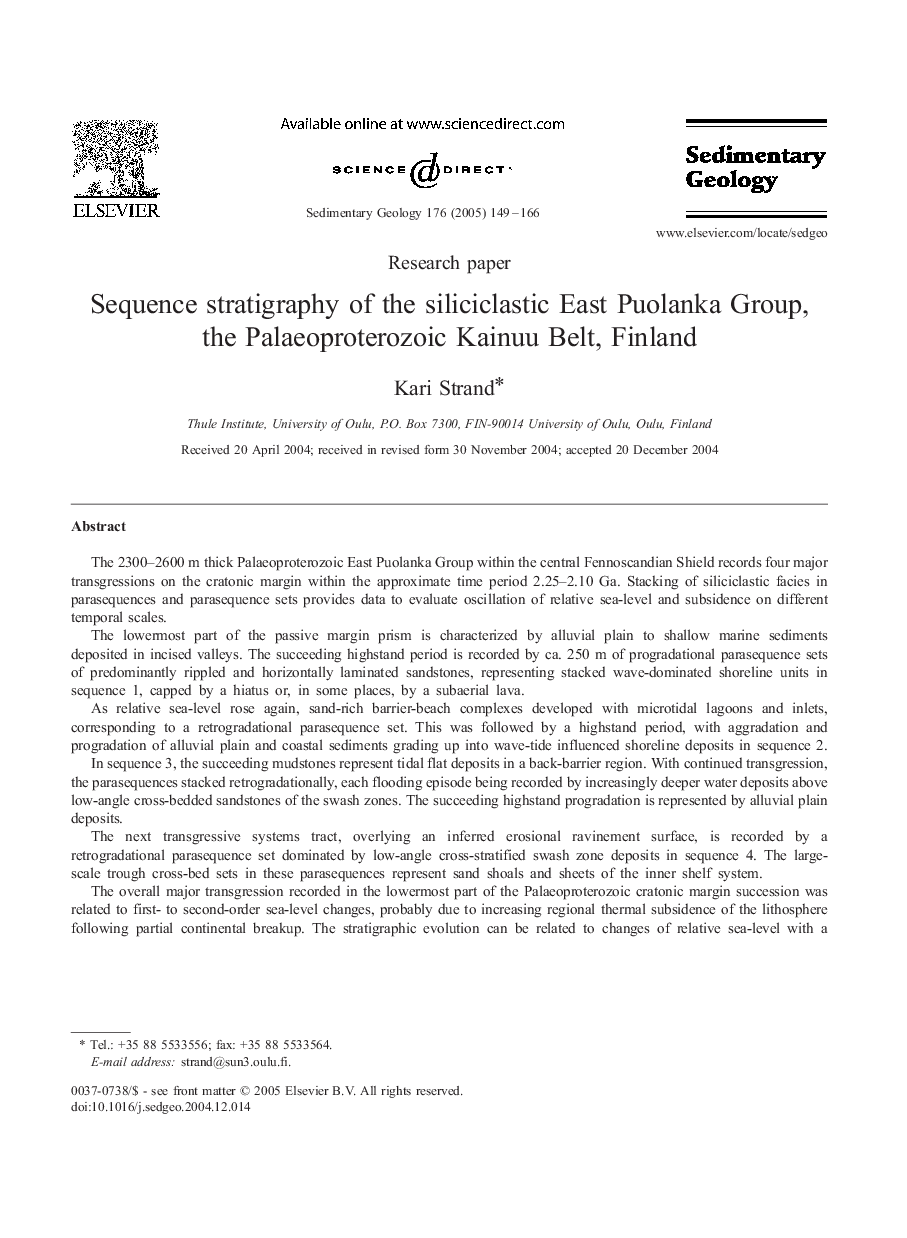 Sequence stratigraphy of the siliciclastic East Puolanka Group, the Palaeoproterozoic Kainuu Belt, Finland