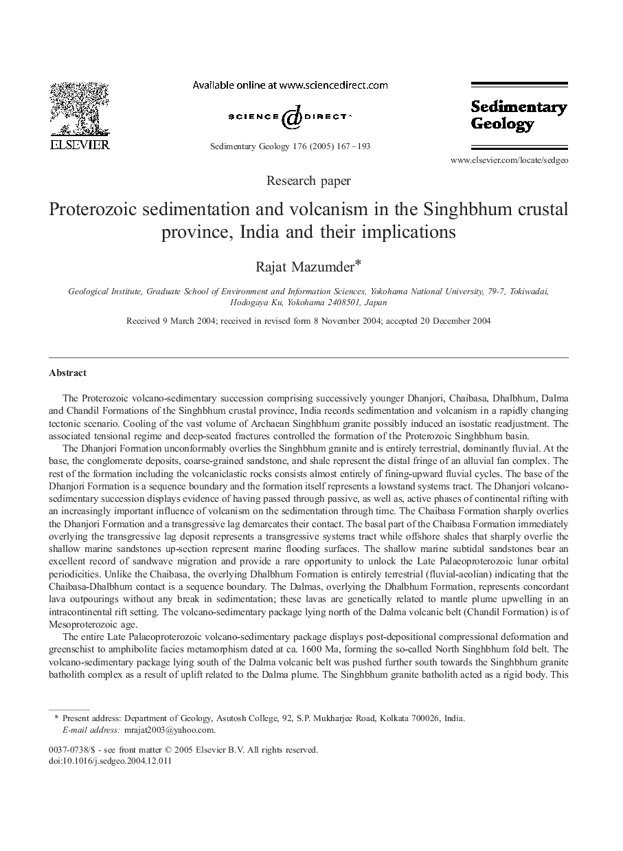 Proterozoic sedimentation and volcanism in the Singhbhum crustal province, India and their implications