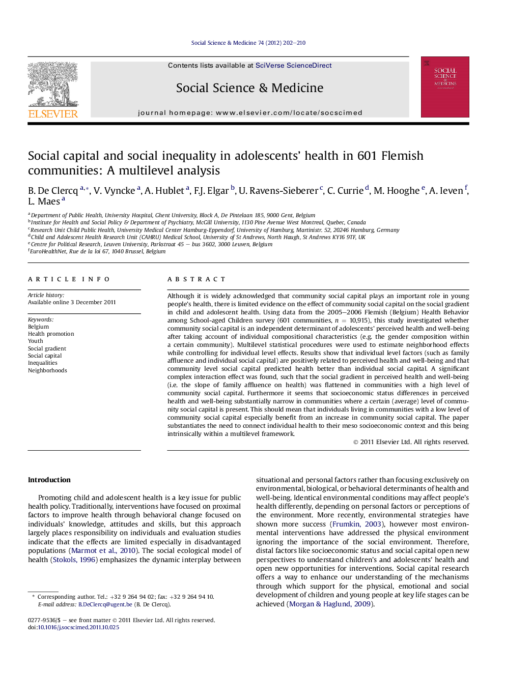 Social capital and social inequality in adolescents’ health in 601 Flemish communities: A multilevel analysis