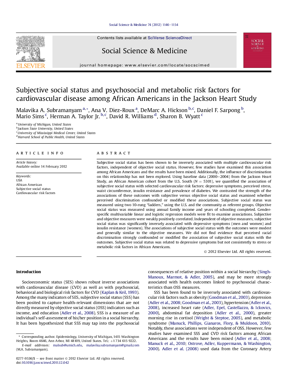 Subjective social status and psychosocial and metabolic risk factors for cardiovascular disease among African Americans in the Jackson Heart Study