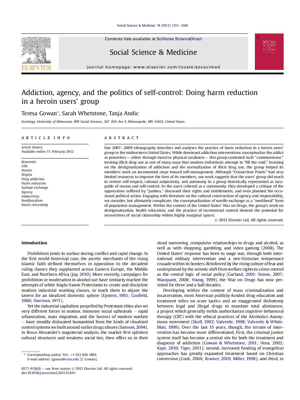 Addiction, agency, and the politics of self-control: Doing harm reduction in a heroin users’ group