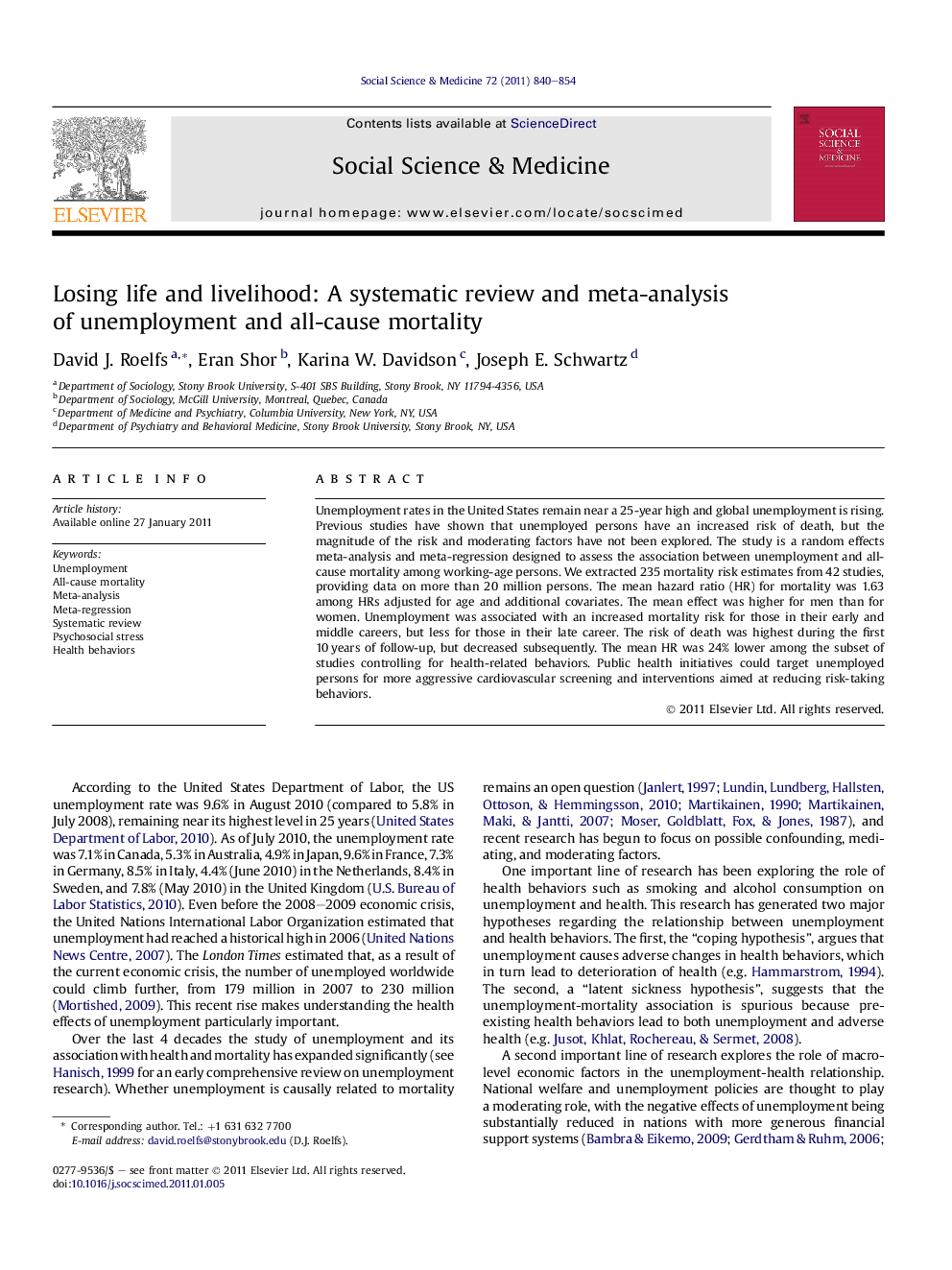 Losing life and livelihood: A systematic review and meta-analysis of unemployment and all-cause mortality