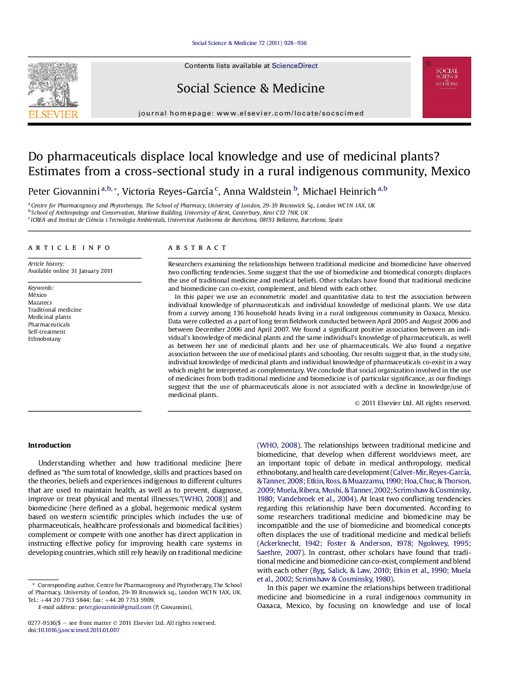 Do pharmaceuticals displace local knowledge and use of medicinal plants? Estimates from a cross-sectional study in a rural indigenous community, Mexico