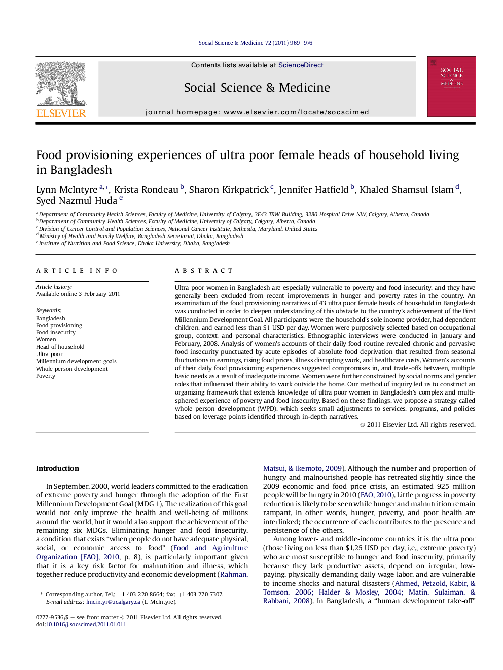 Food provisioning experiences of ultra poor female heads of household living in Bangladesh