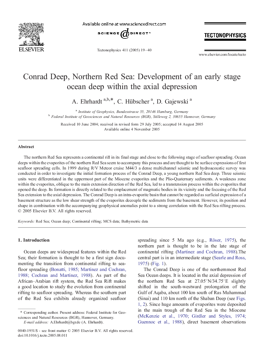 عکس صفحه اول مقاله: Conrad Deep, Northern Red Sea: Development of an early stage ocean deep within the axial depression Conrad Deep, Northern Red Sea: Development of an early stage ocean deep within the axial depression