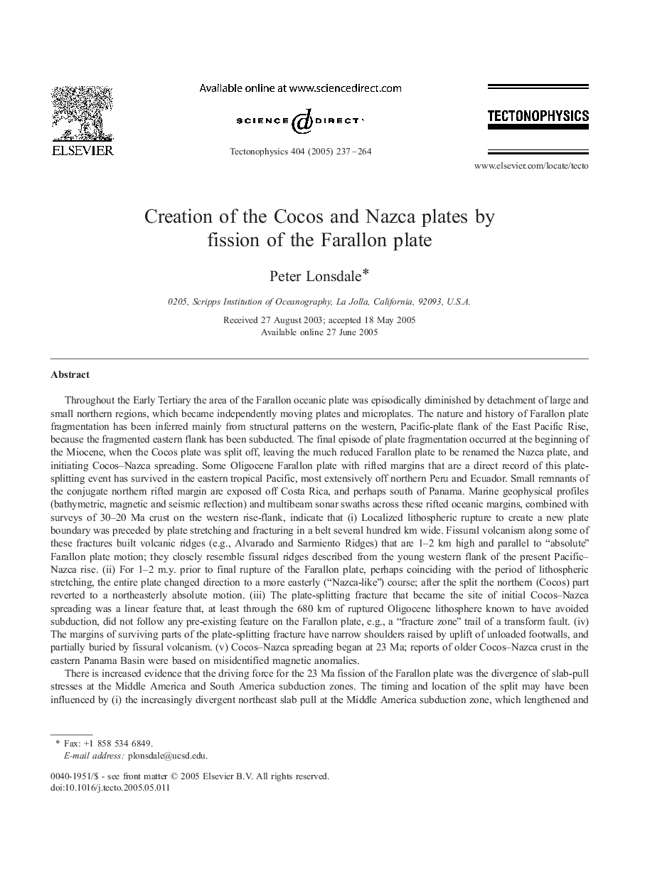 Creation of the Cocos and Nazca plates by fission of the Farallon plate