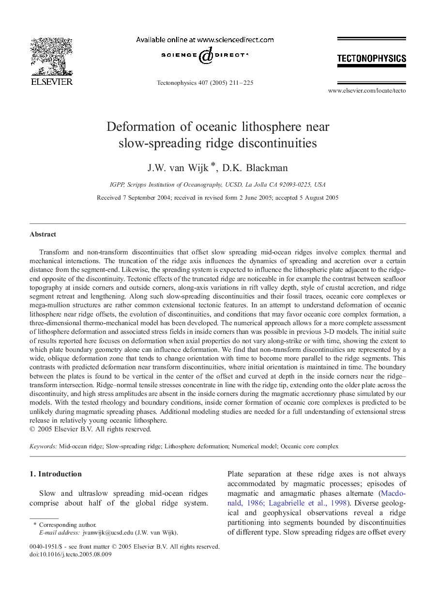 Deformation of oceanic lithosphere near slow-spreading ridge discontinuities