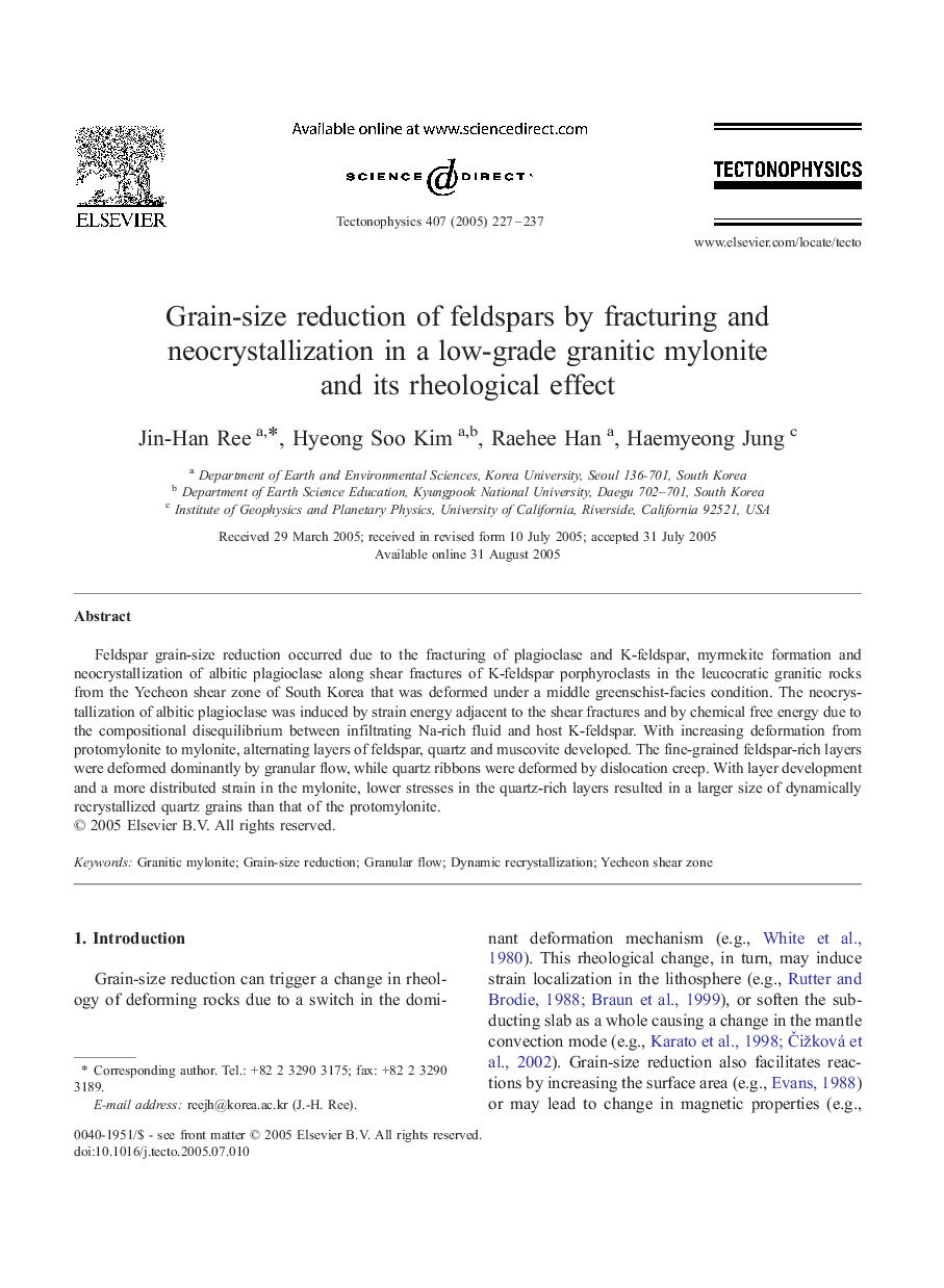 Grain-size reduction of feldspars by fracturing and neocrystallization in a low-grade granitic mylonite and its rheological effect