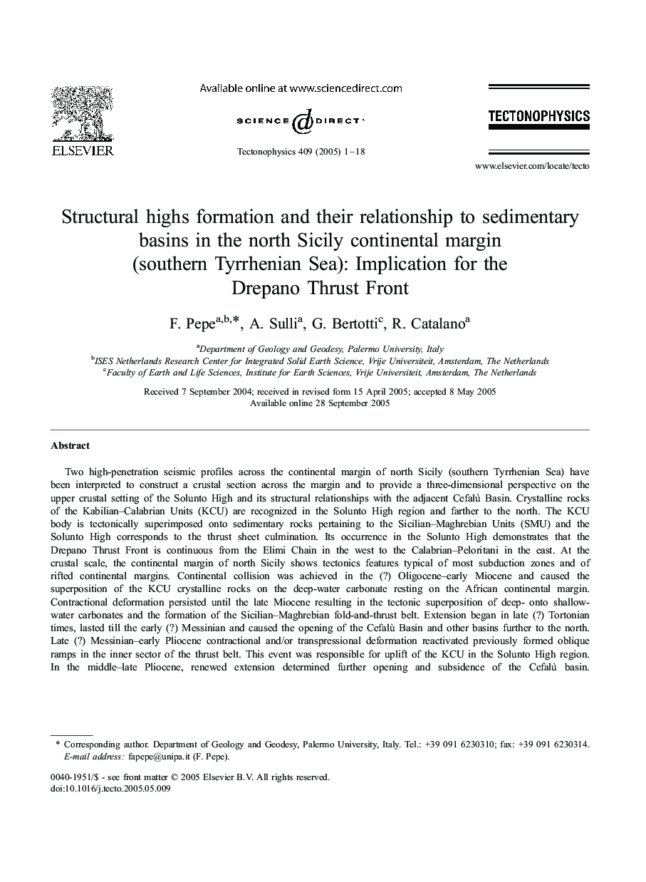 Structural highs formation and their relationship to sedimentary basins in the north Sicily continental margin (southern Tyrrhenian Sea): Implication for the Drepano Thrust Front