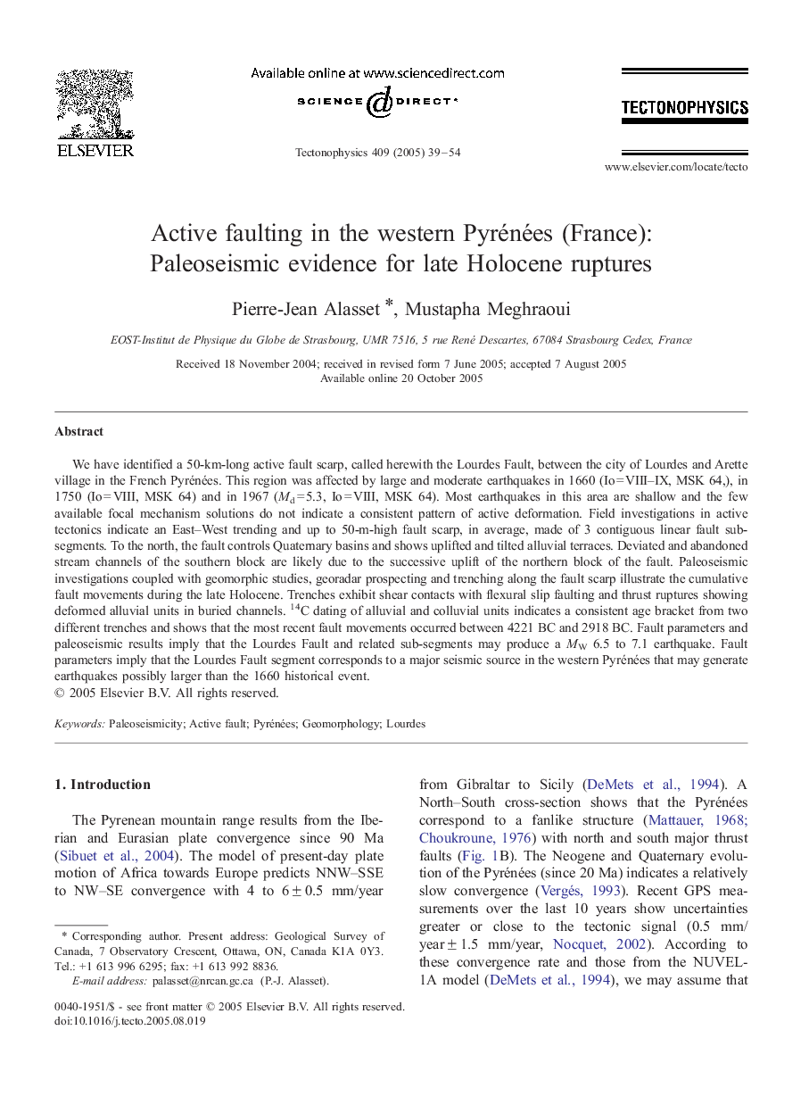 Active faulting in the western Pyrénées (France): Paleoseismic evidence for late Holocene ruptures