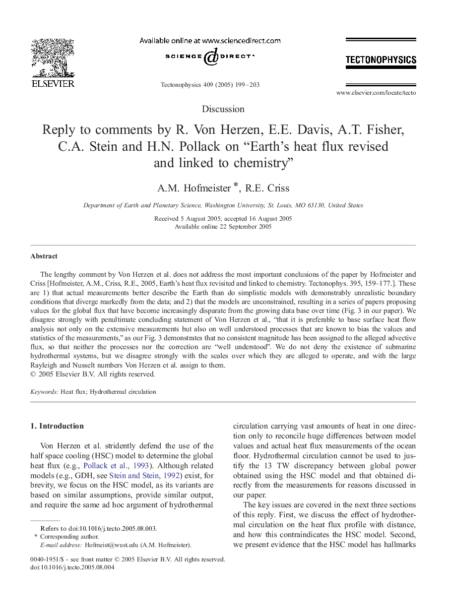 Reply to comments by R. Von Herzen, E.E. Davis, A.T. Fisher, C.A. Stein and H.N. Pollack on “Earth's heat flux revised and linked to chemistry”