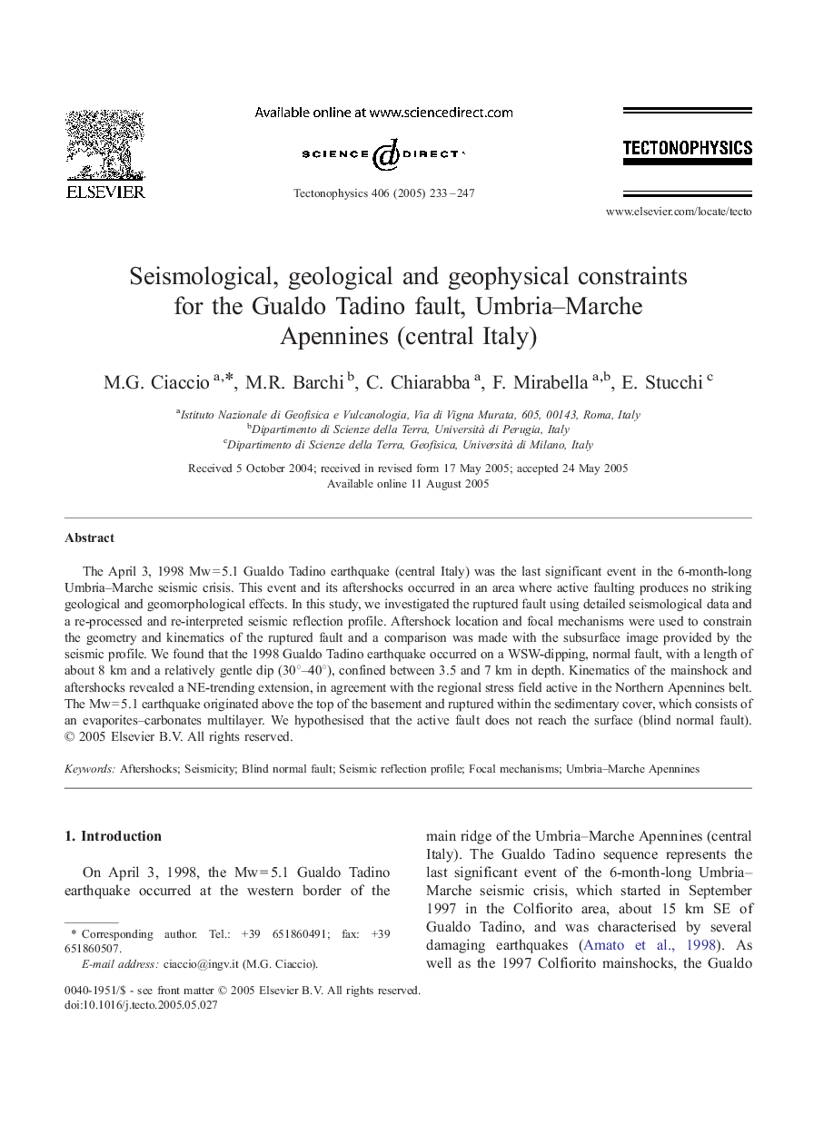 Seismological, geological and geophysical constraints for the Gualdo Tadino fault, Umbria-Marche Apennines (central Italy)