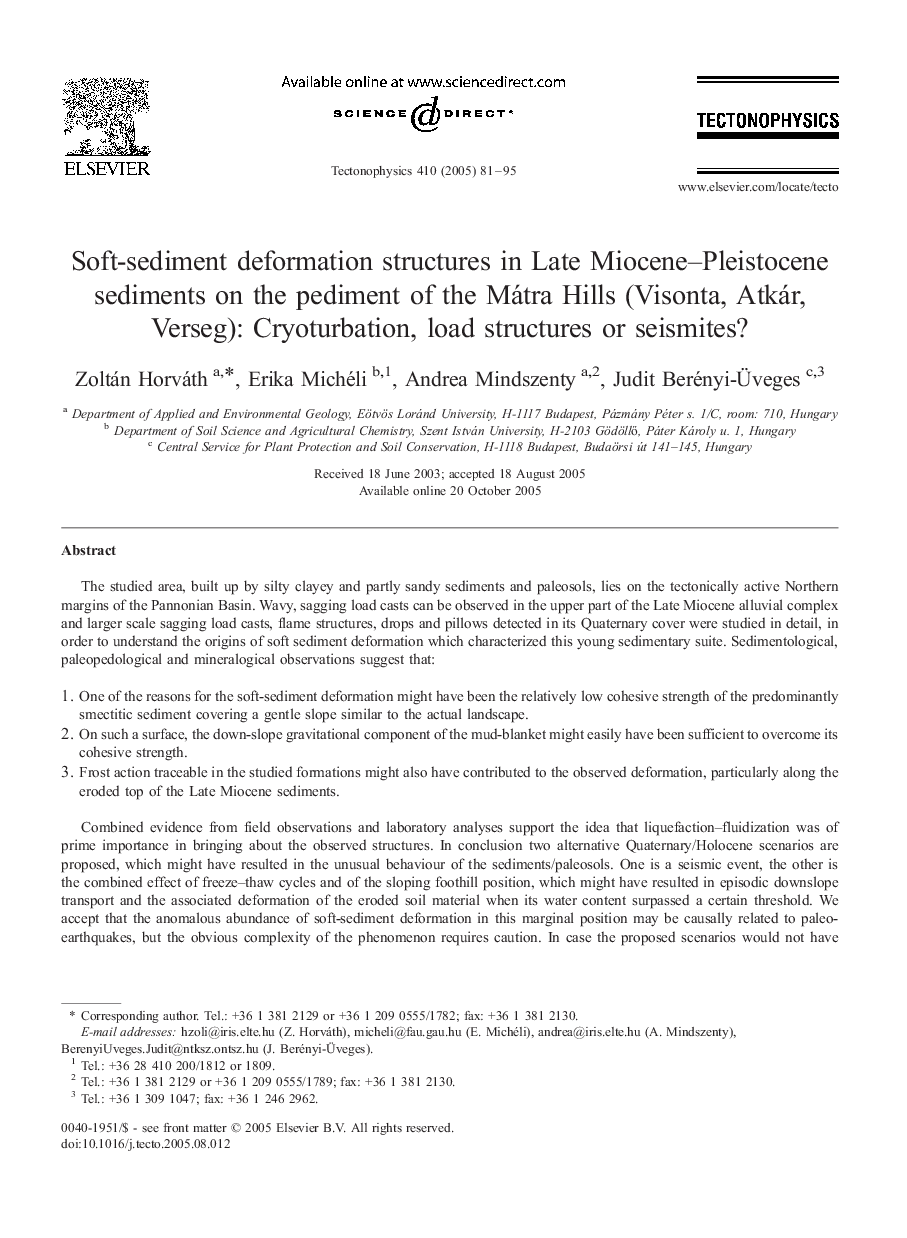 Soft-sediment deformation structures in Late Miocene-Pleistocene sediments on the pediment of the Mátra Hills (Visonta, Atkár, Verseg): Cryoturbation, load structures or seismites?