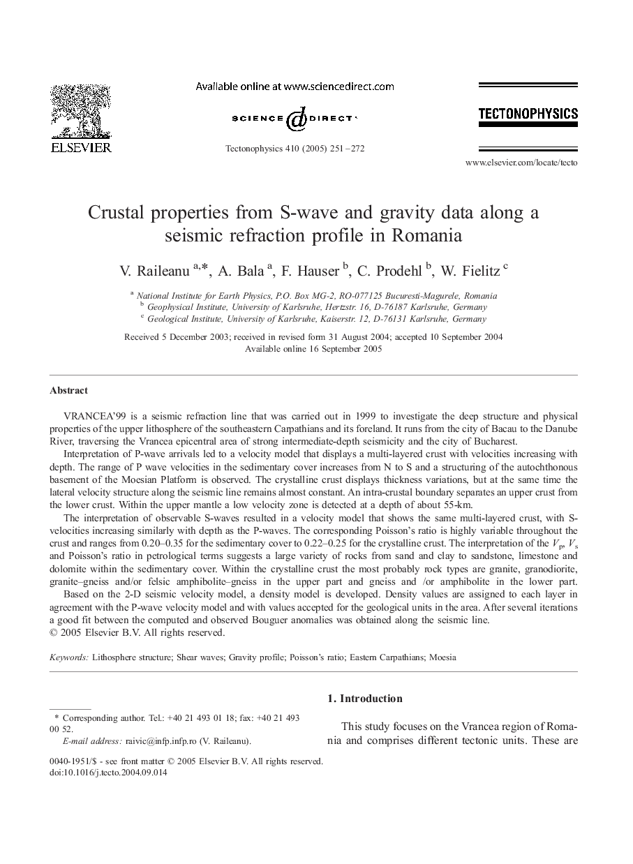 Crustal properties from S-wave and gravity data along a seismic refraction profile in Romania