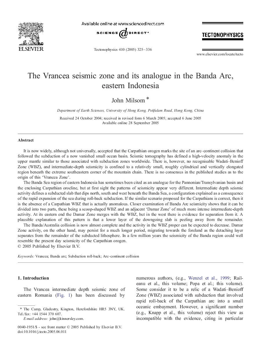 The Vrancea seismic zone and its analogue in the Banda Arc, eastern Indonesia