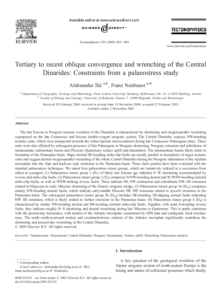 Tertiary to recent oblique convergence and wrenching of the Central Dinarides: Constraints from a palaeostress study