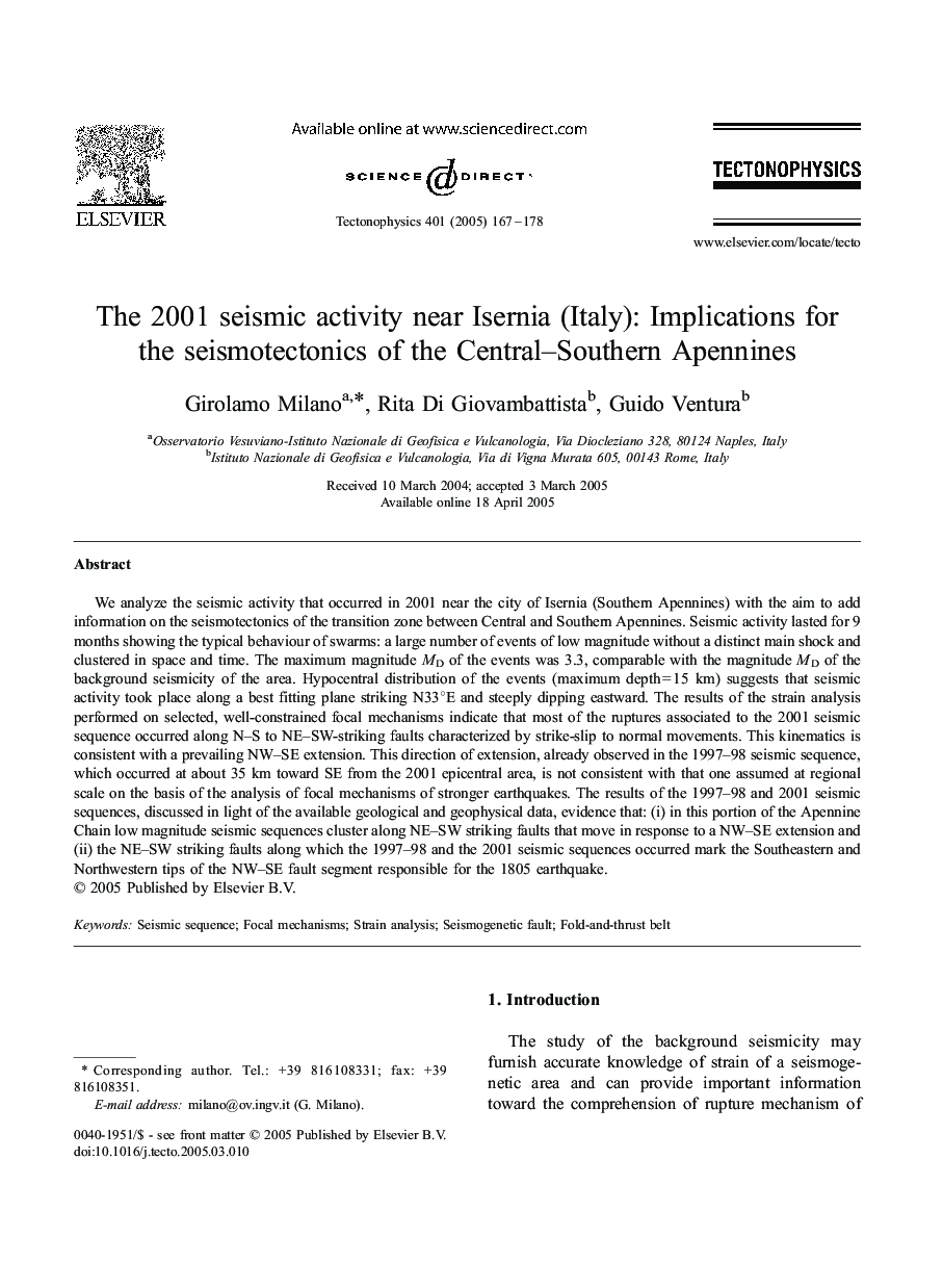 The 2001 seismic activity near Isernia (Italy): Implications for the seismotectonics of the Central-Southern Apennines