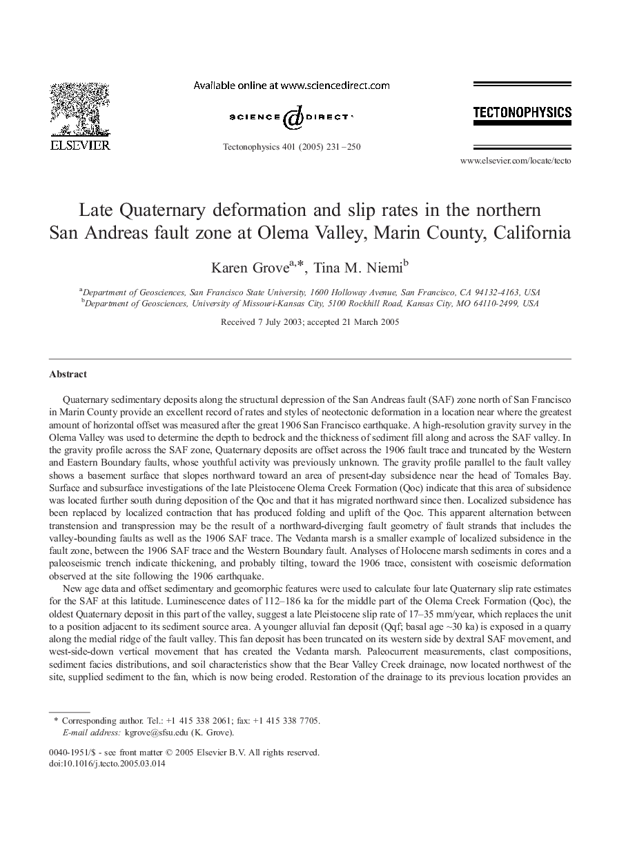 Late Quaternary deformation and slip rates in the northern San Andreas fault zone at Olema Valley, Marin County, California