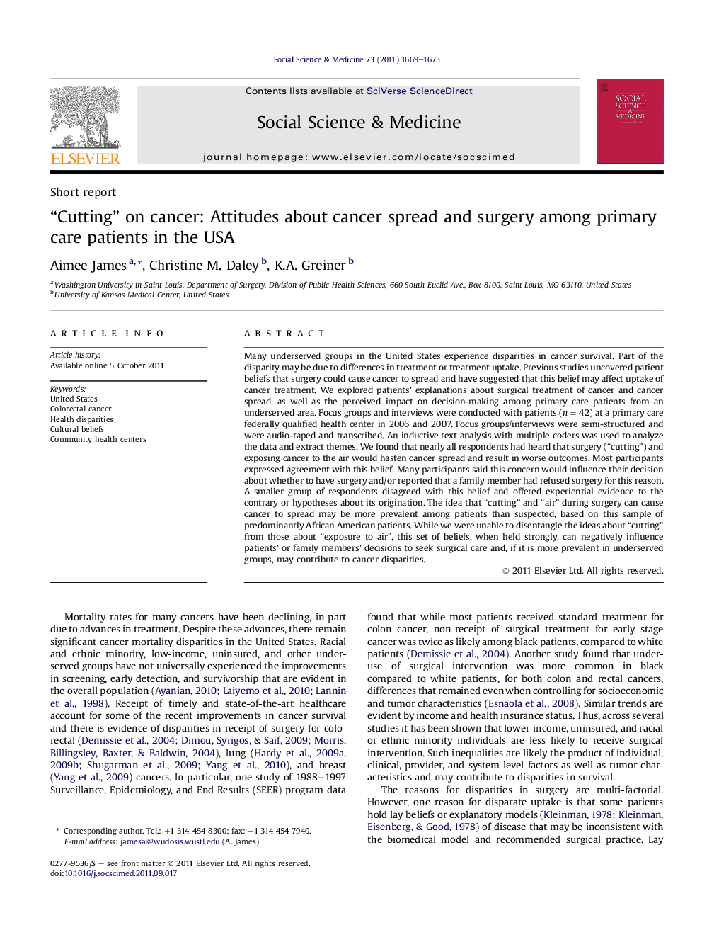 “Cutting” on cancer: Attitudes about cancer spread and surgery among primary care patients in the USA