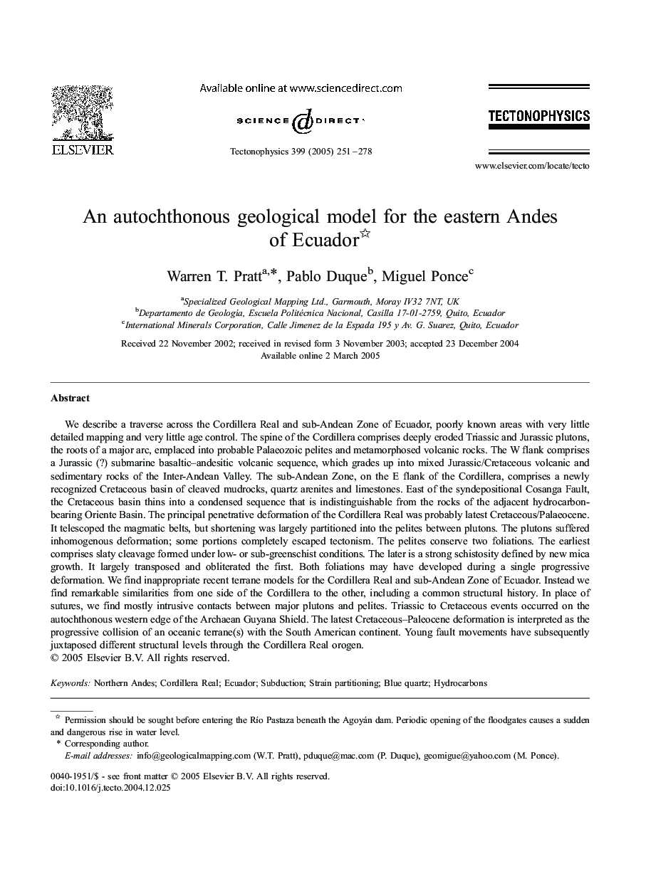 An autochthonous geological model for the eastern Andes of Ecuador