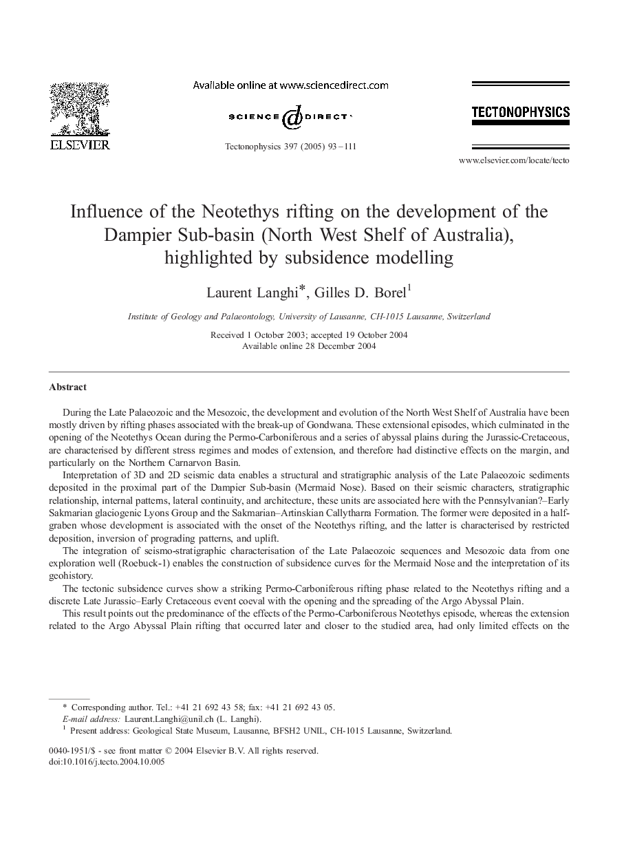 عکس صفحه اول مقاله: Influence of the Neotethys rifting on the development of the Dampier Sub-basin (North West Shelf of Australia), highlighted by subsidence modelling Influence of the Neotethys rifting on the development of the Dampier Sub-basin (North West Shelf of Australia), highlighted by subsidence modelling